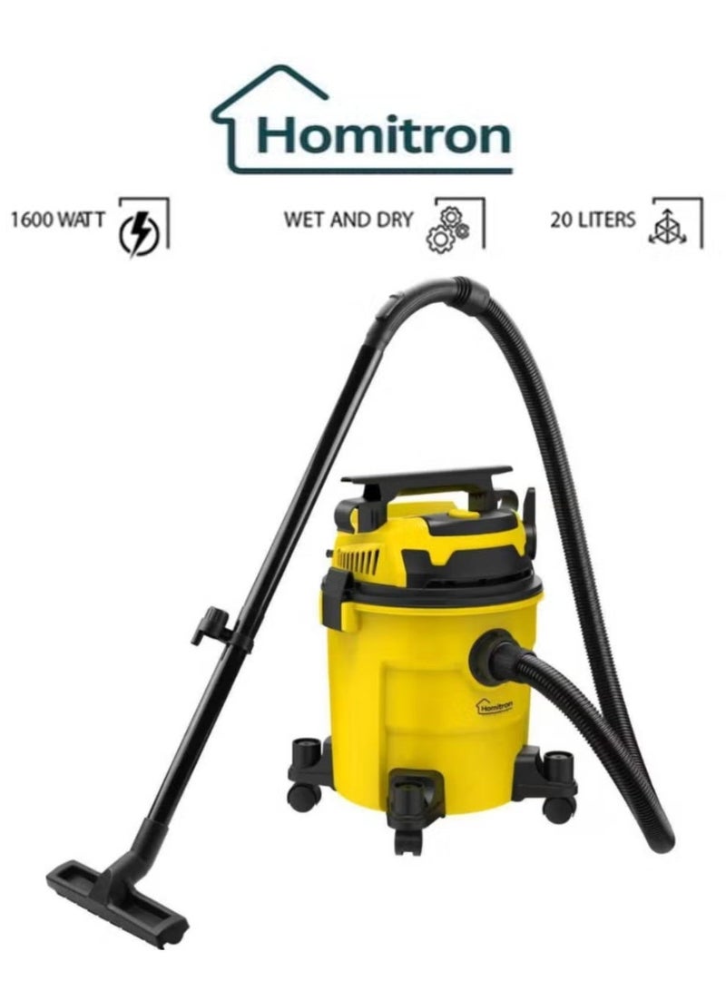 هوميترون مكنسة كهربائية رطبة وجافة، بقوة 1600 واط، وسعة خزان كبيرة 20 لترًا، مزودة بوظيفة النفخ، وحماية من الحرارة الزائدة، متينة لتنظيف مختلف الأسطح، سهلة التركيب HWD-20L أصفر/أسود - Image 1